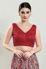 Red Brocade Embroidered Sleeveless Blouse