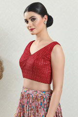 Red Brocade Embroidered Sleeveless Blouse