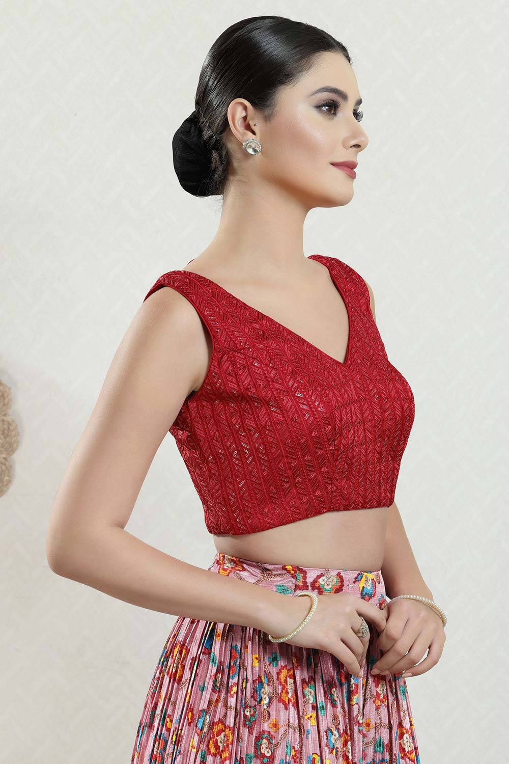 Red Brocade Embroidered Sleeveless Blouse