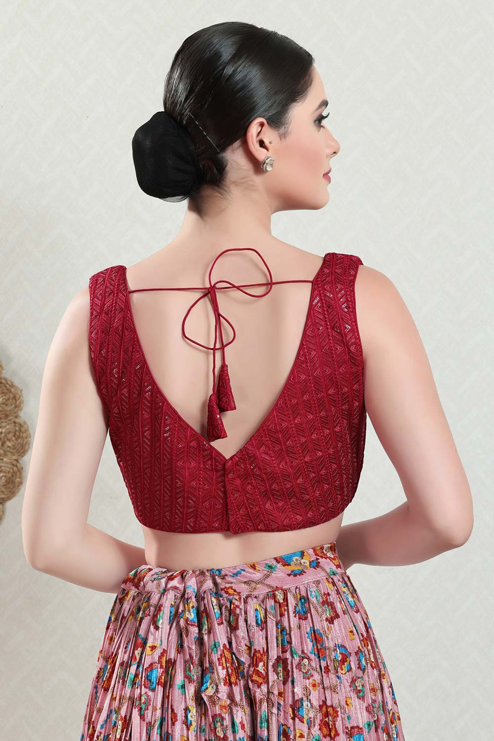 Red Brocade Embroidered Sleeveless Blouse