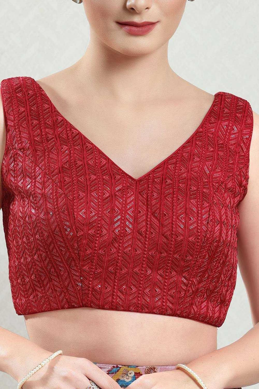 Red Brocade Embroidered Sleeveless Blouse