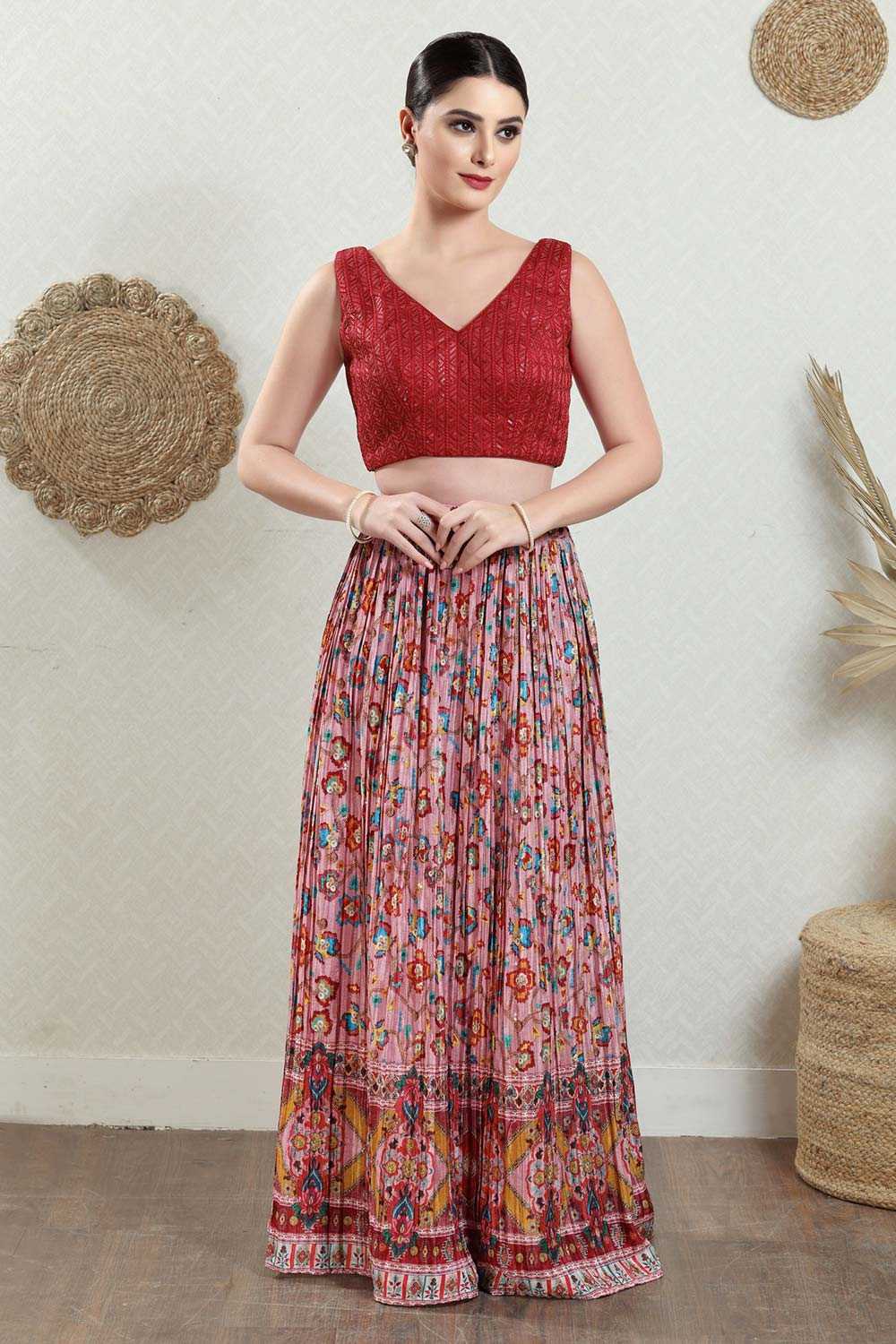 Red Brocade Embroidered Sleeveless Blouse