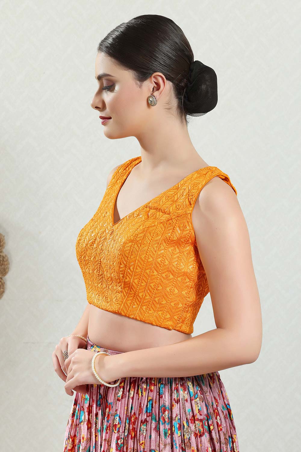 Mustard Brocade Embroidered Sleeveless Blouse