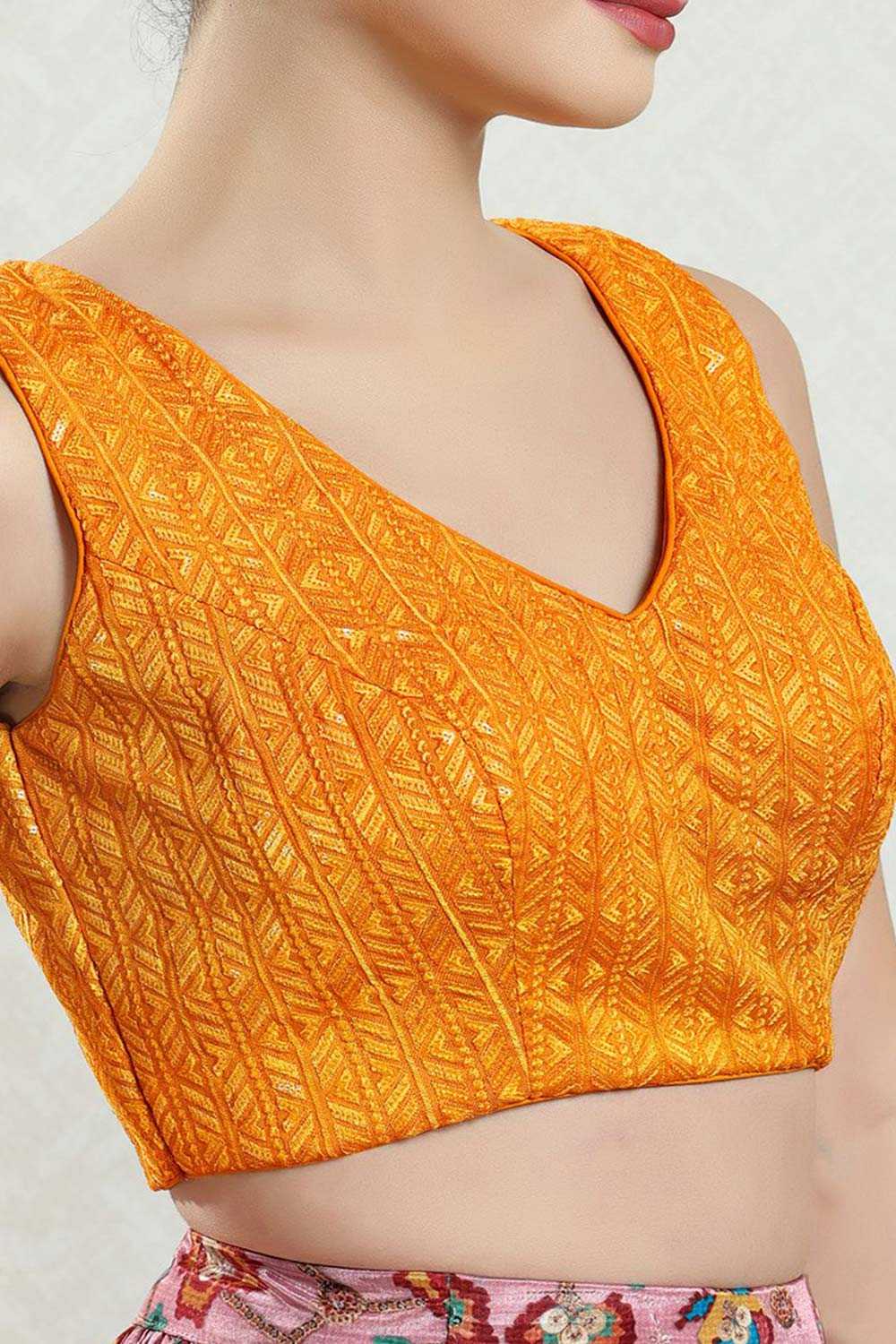 Mustard Brocade Embroidered Sleeveless Blouse