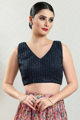 Navy Blue Brocade Embroidered Sleeveless Blouse