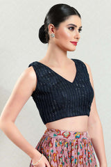 Navy Blue Brocade Embroidered Sleeveless Blouse