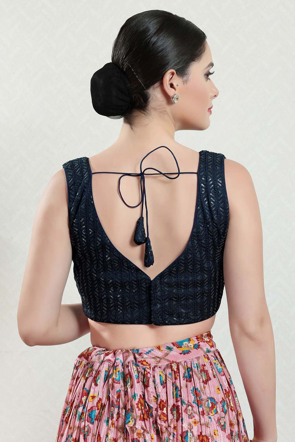 Navy Blue Brocade Embroidered Sleeveless Blouse