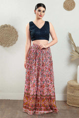 Navy Blue Brocade Embroidered Sleeveless Blouse