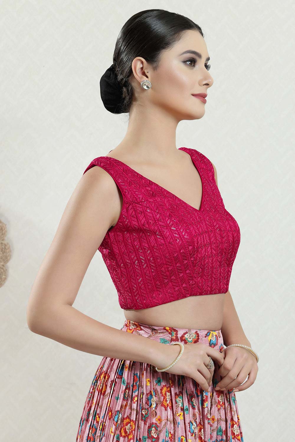 Pink Brocade Embroidered Sleeveless Blouse