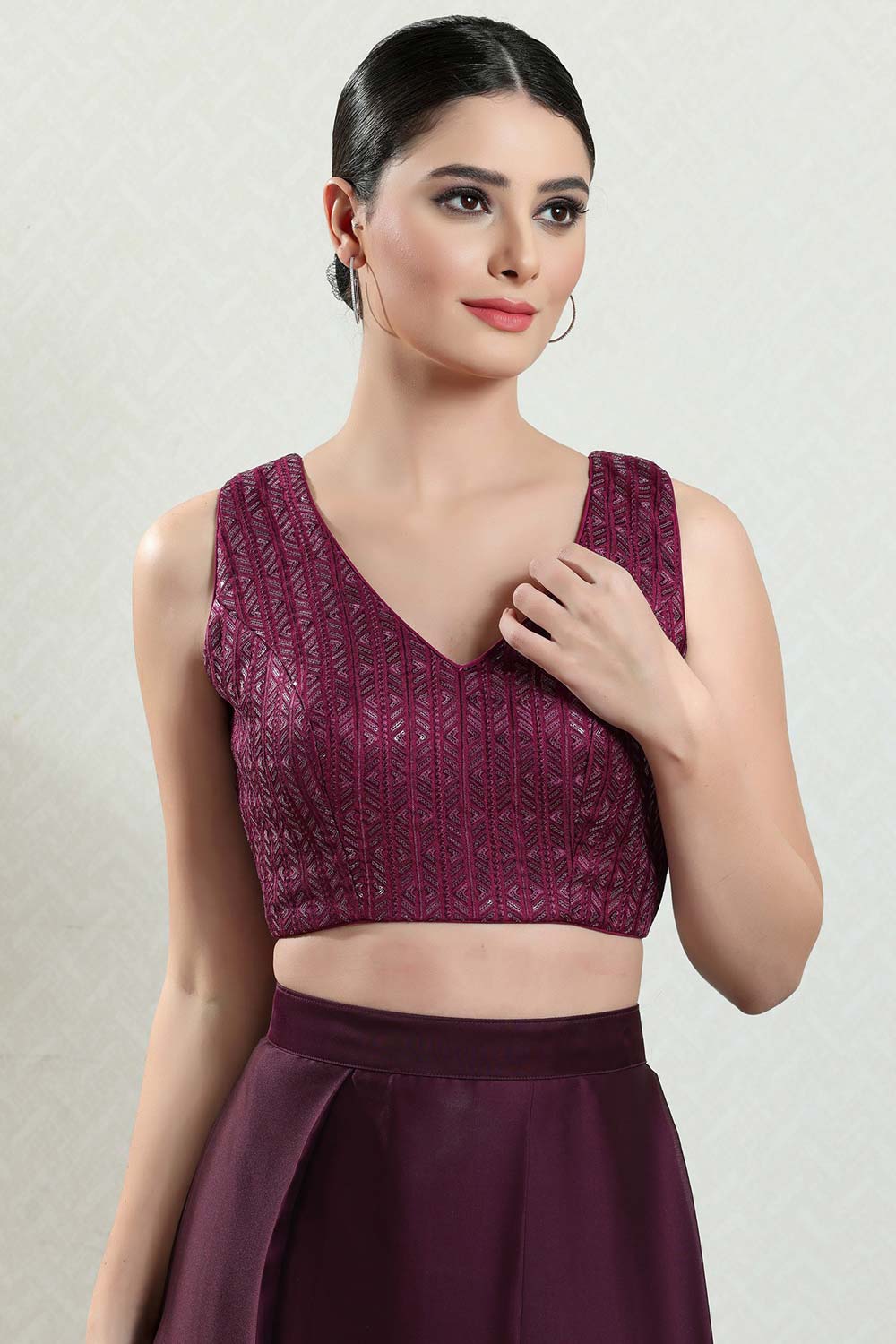 Wine Brocade Embroidered Sleeveless Blouse