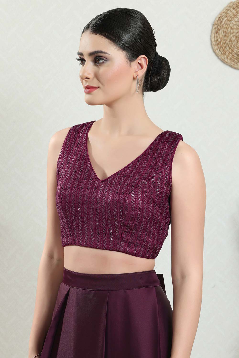 Wine Brocade Embroidered Sleeveless Blouse