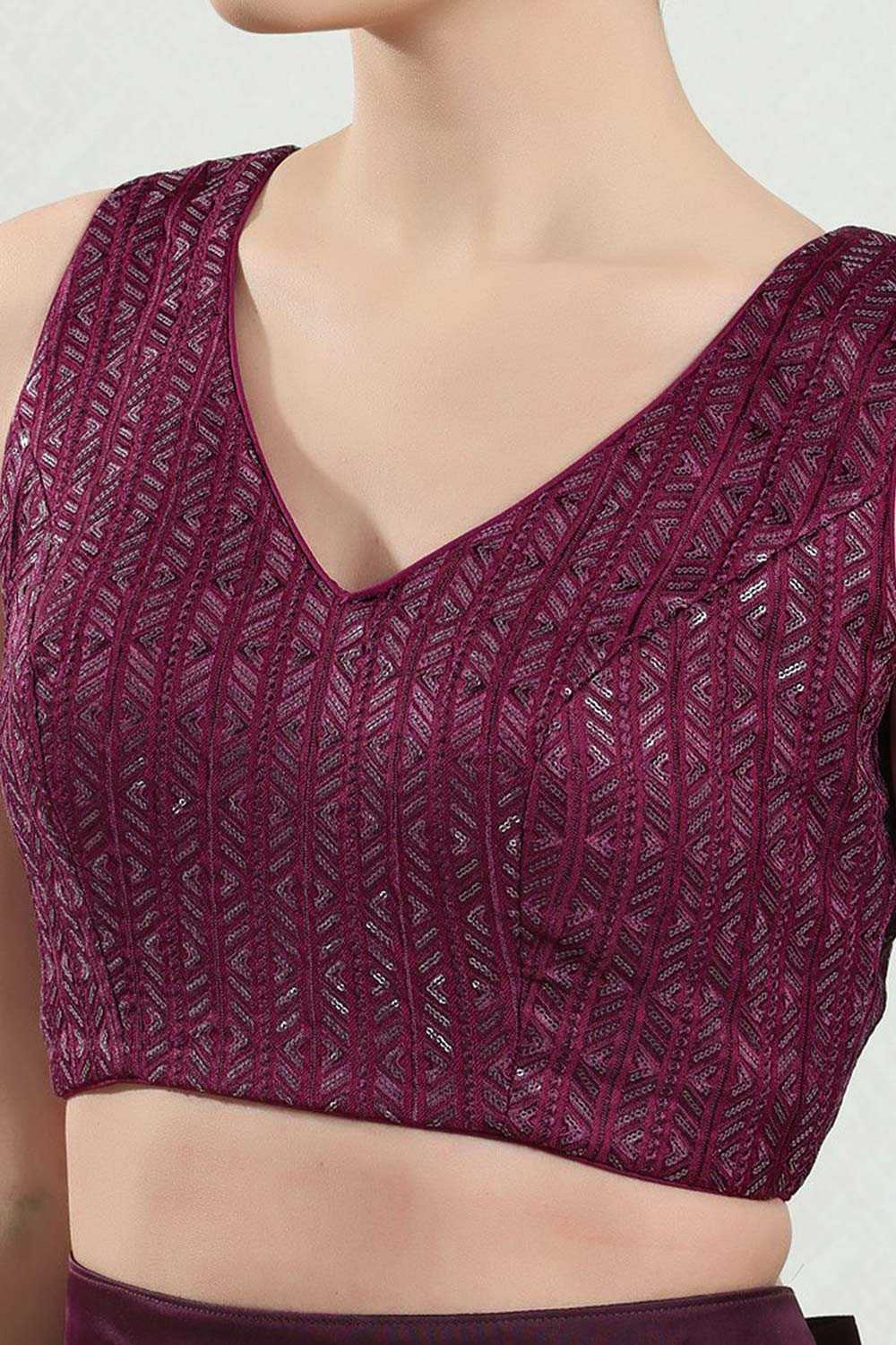 Wine Brocade Embroidered Sleeveless Blouse