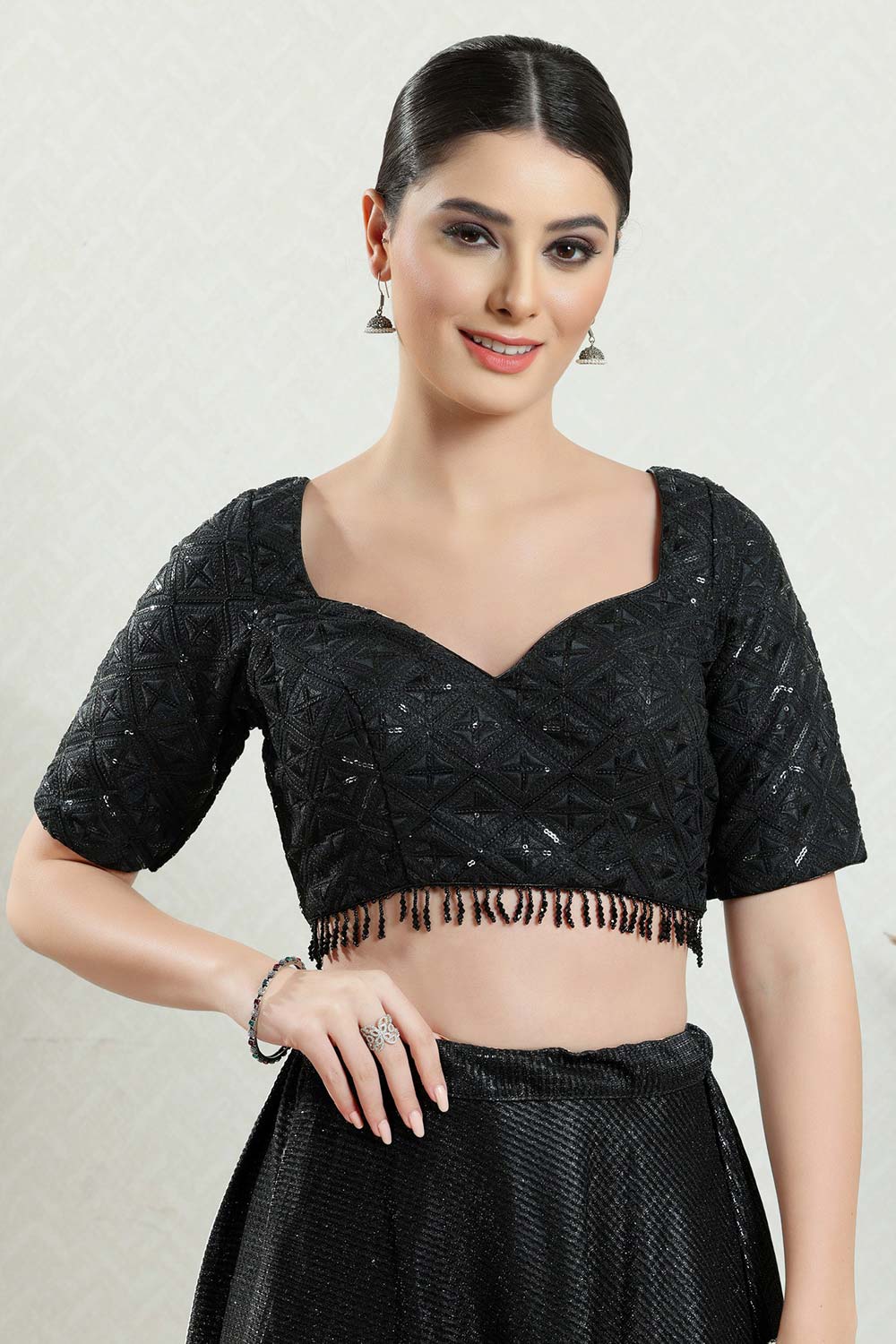 Black Silk Embroidered Short Sleeves Blouse