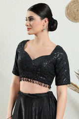 Black Silk Embroidered Short Sleeves Blouse