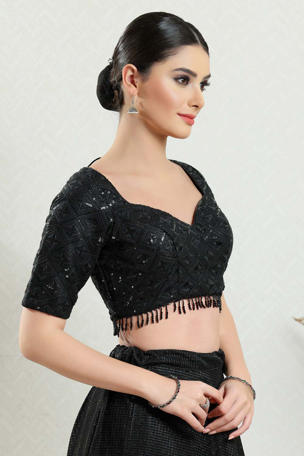 Black Silk Embroidered Short Sleeves Blouse