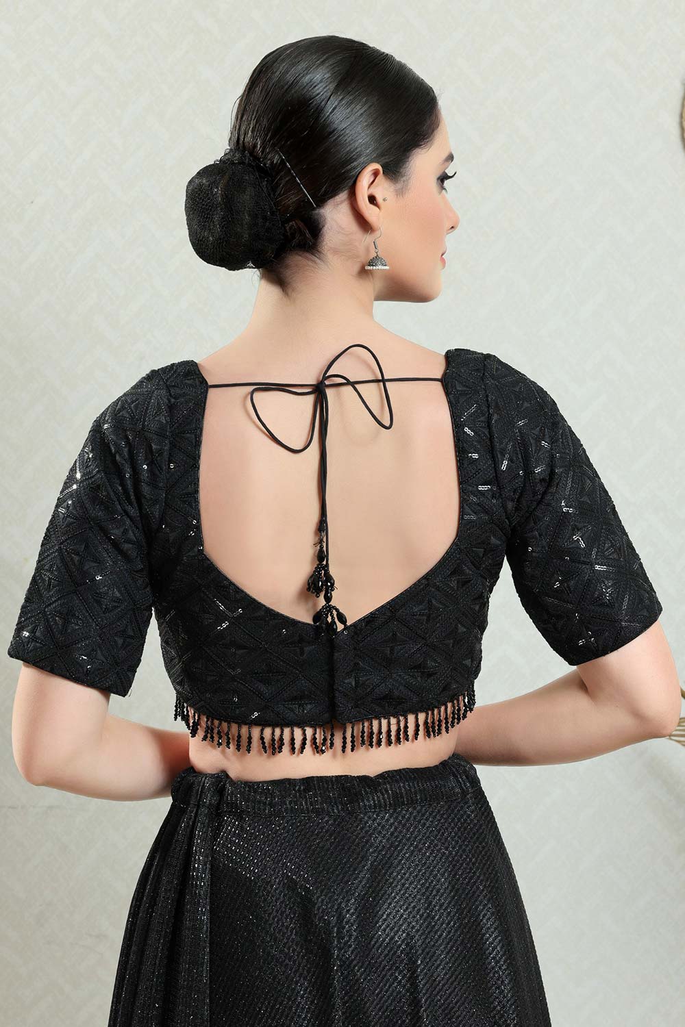 Black Silk Embroidered Short Sleeves Blouse