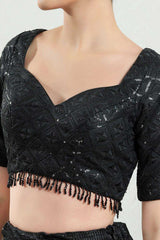 Black Silk Embroidered Short Sleeves Blouse