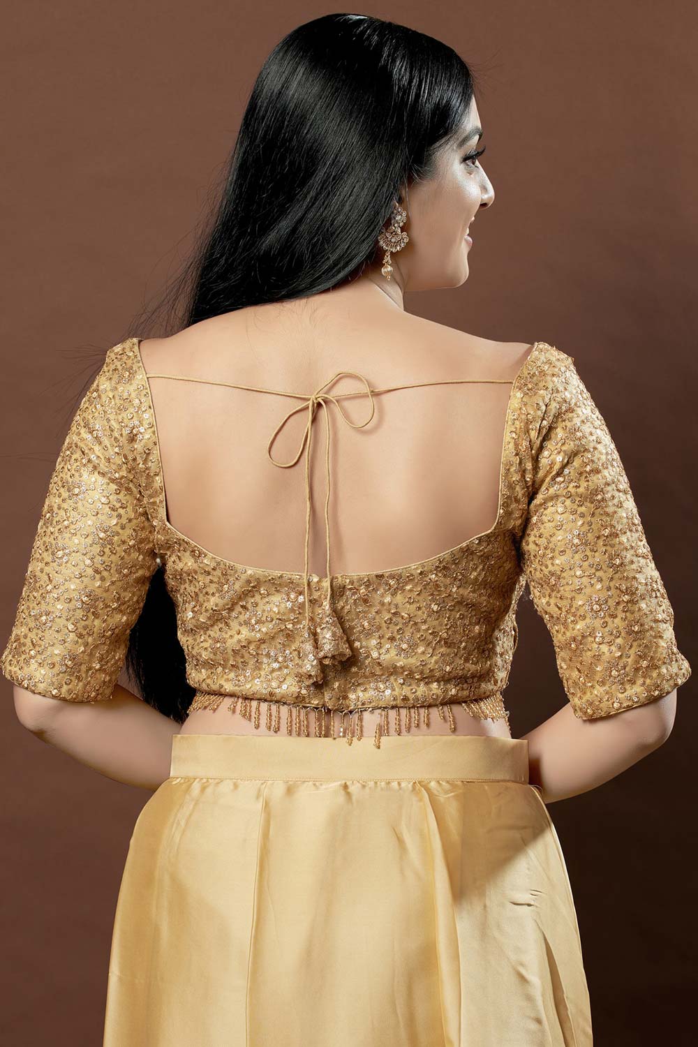 Gold Silk Embroidered Short Sleeves Blouse