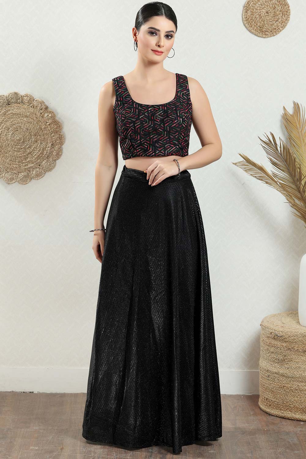 Black Brocade Embroidered Sleeveless Blouse