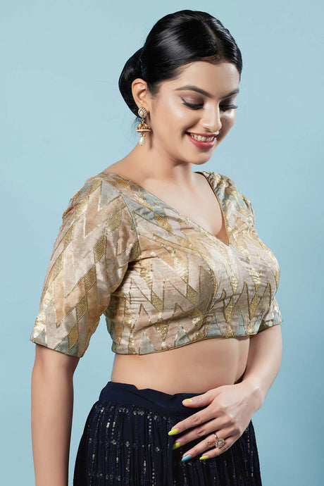 Gold Silk Embellished Short Sleeves Blouse