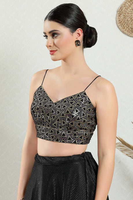 Black Brocade Embellished Sleeveless Blouse