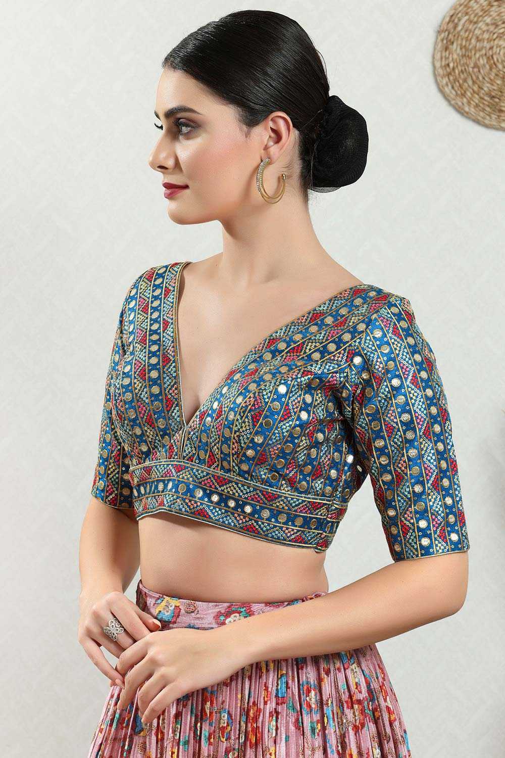 Blue Silk Embroidered Short Sleeves Blouse