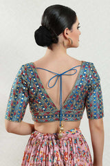 Blue Silk Embroidered Short Sleeves Blouse