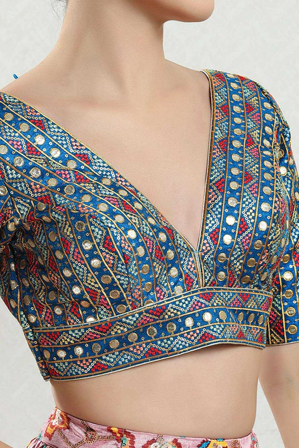 Blue Silk Embroidered Short Sleeves Blouse