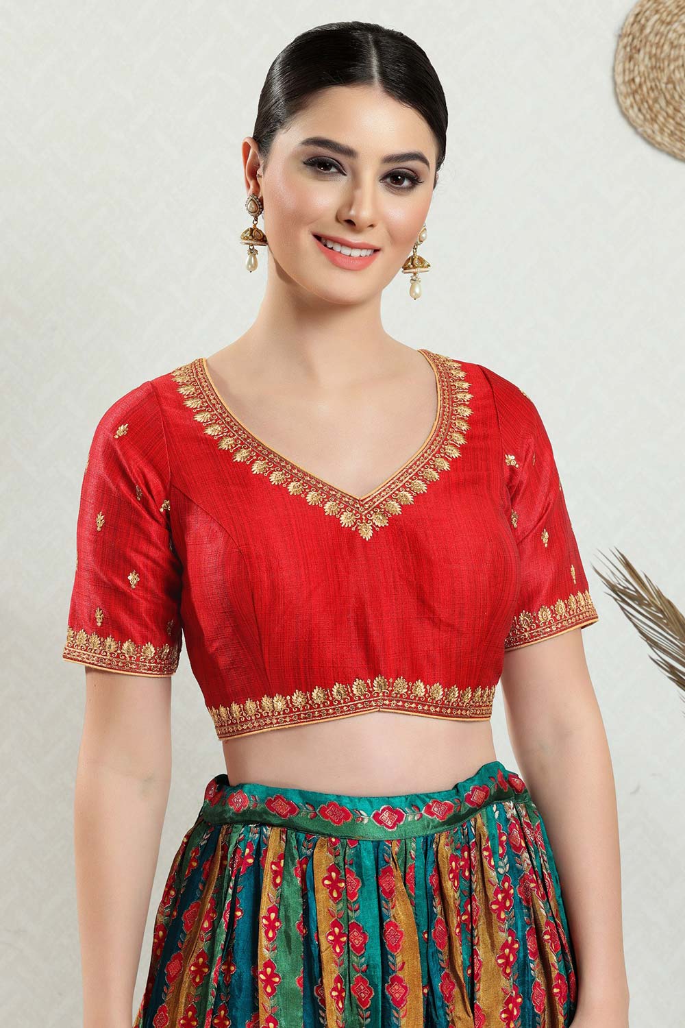 Red Silk Embroidered Short Sleeves Blouse