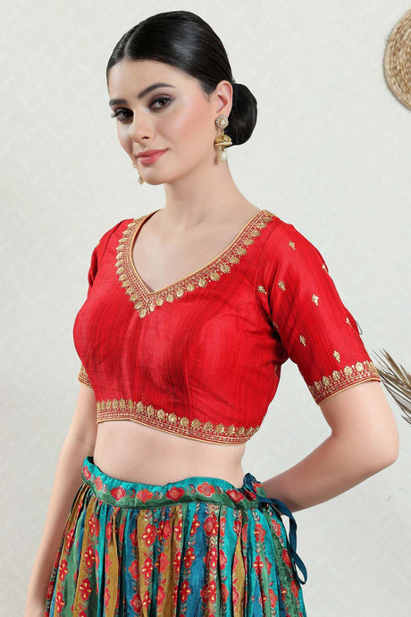 Red Silk Embroidered Short Sleeves Blouse