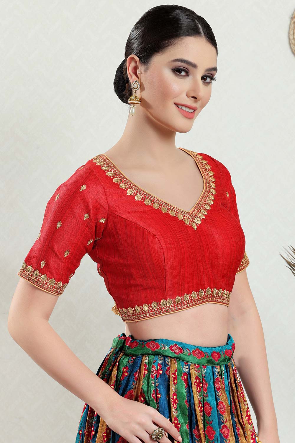 Red Silk Embroidered Short Sleeves Blouse