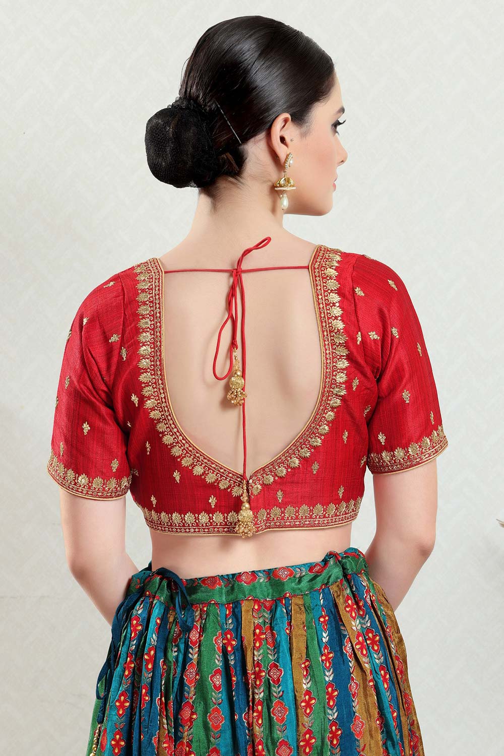 Red Silk Embroidered Short Sleeves Blouse