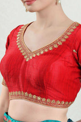 Red Silk Embroidered Short Sleeves Blouse