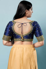 Navy Blue Silk Embroidered Short Sleeves Blouse