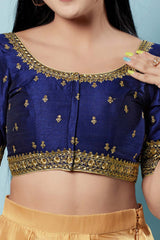 Navy Blue Silk Embroidered Short Sleeves Blouse