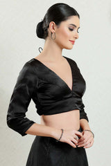 Black Silk Solid Three-Quarter Sleeves Blouse