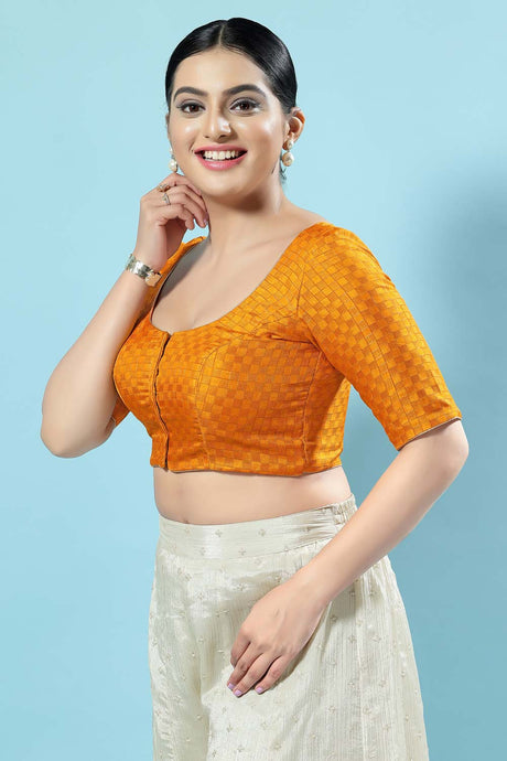 Mustard Jacquard Woven Design Short Sleeves Blouse