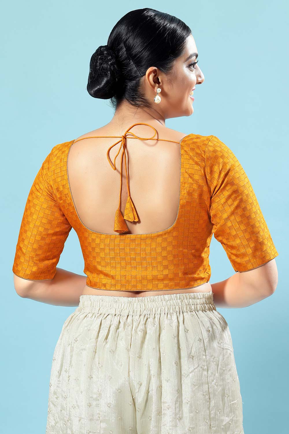 Mustard Jacquard Woven Design Short Sleeves Blouse