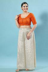 Orange Brocade Woven Design Short Sleeves Blouse