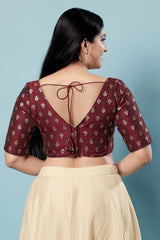 Maroon Brocade Woven Design Short Sleeves Blouse