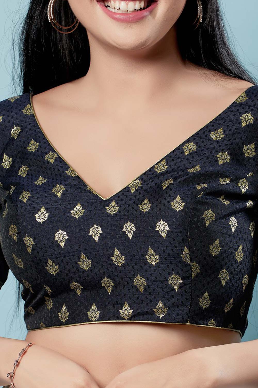 Navy Blue Brocade Woven Design Short Sleeves Blouse