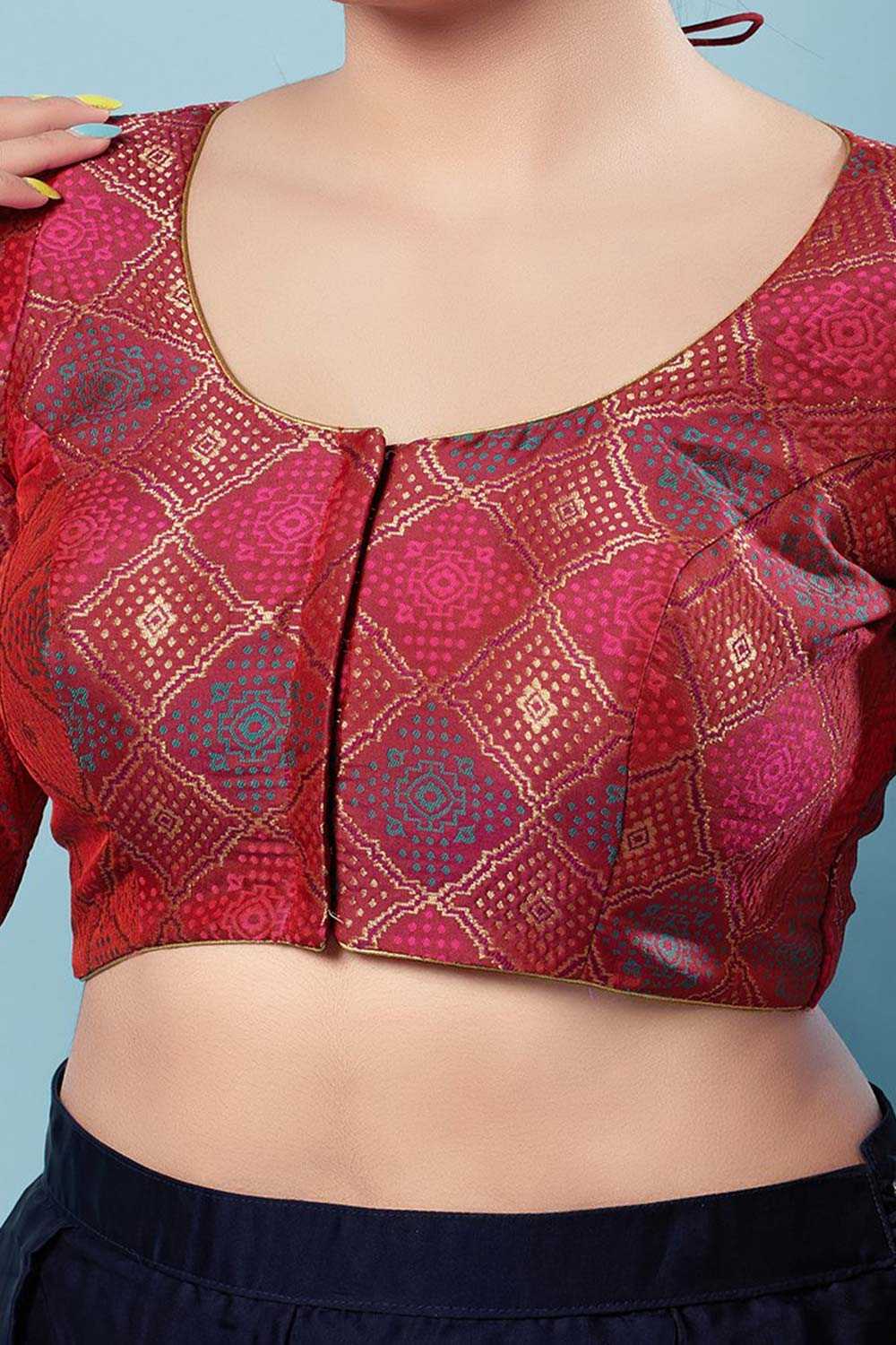 Maroon Brocade Woven Design Short Sleeves Blouse