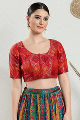 Red Brocade Woven Design Short Sleeves Blouse