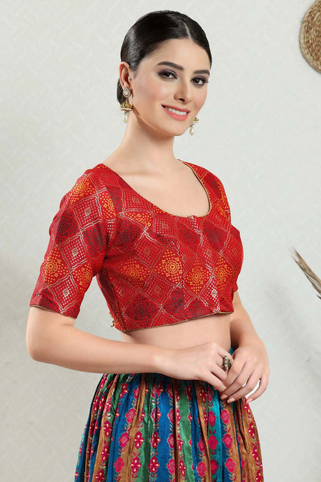 Red Brocade Woven Design Short Sleeves Blouse