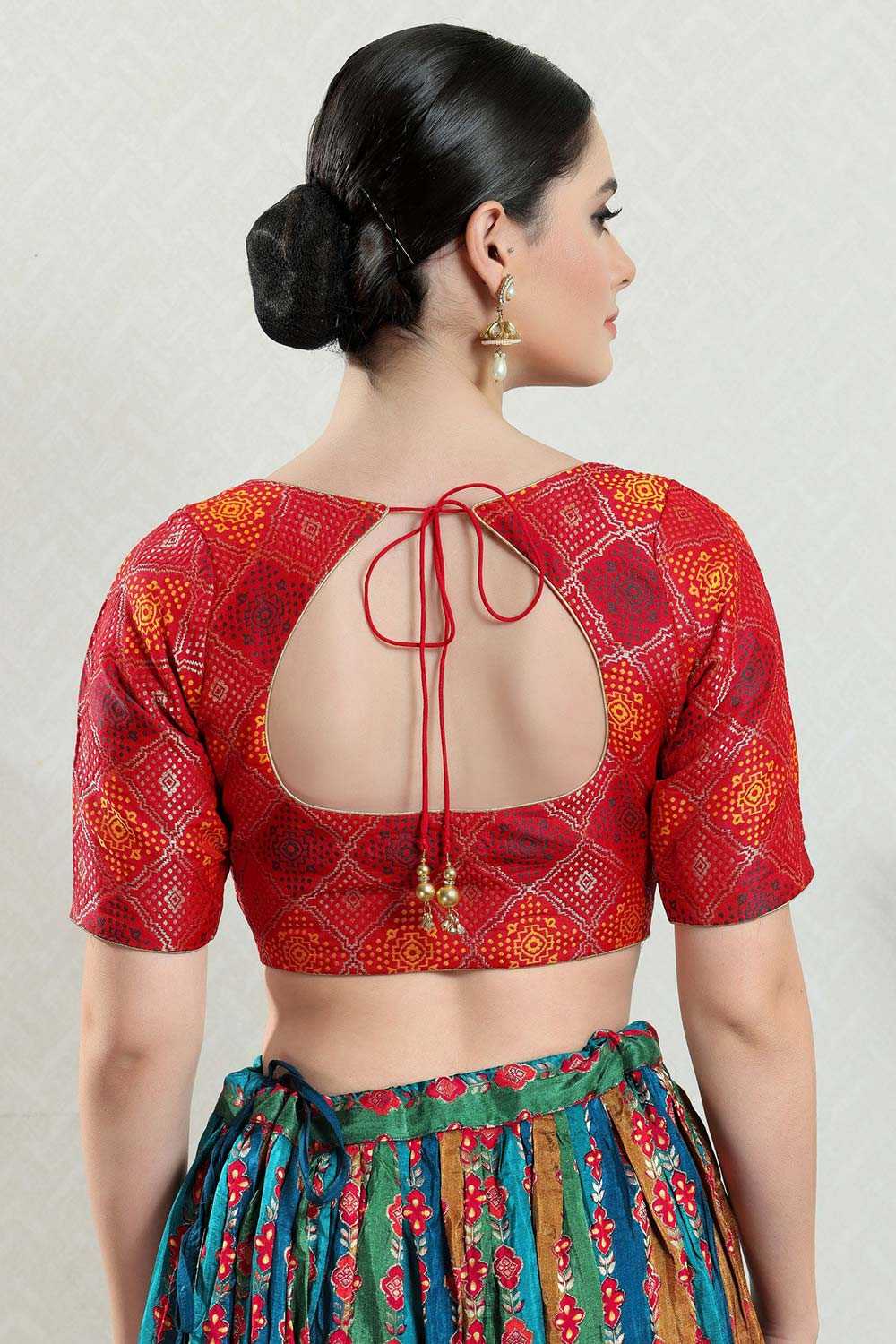 Red Brocade Woven Design Short Sleeves Blouse