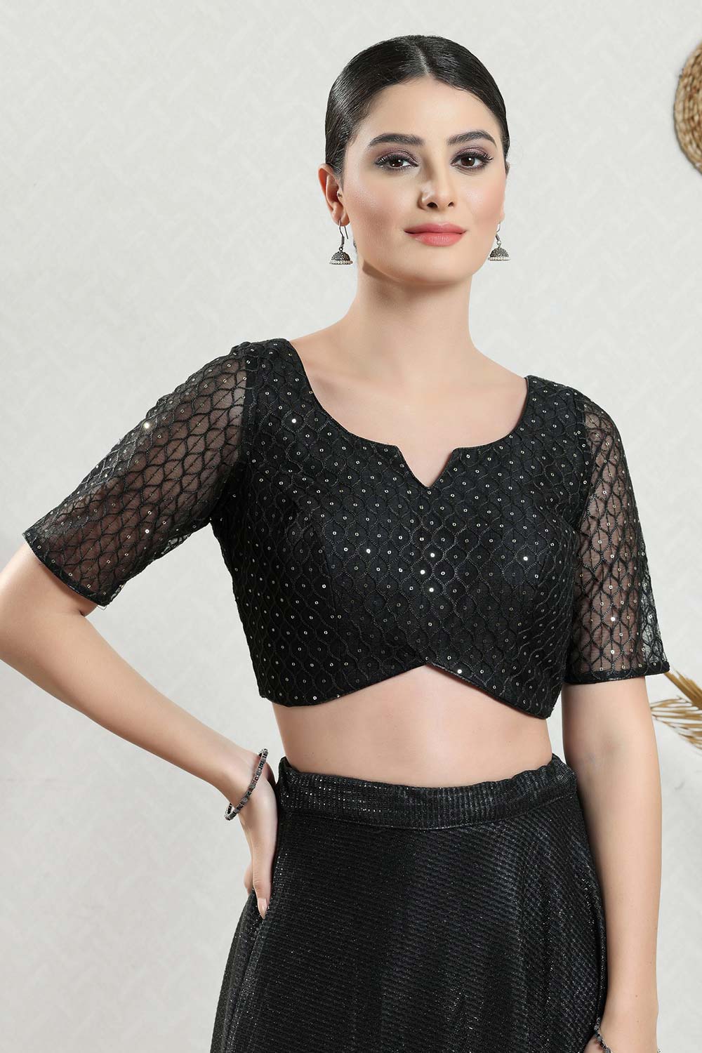 Black Silk Embroidered Short Sleeves Blouse