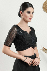 Black Silk Embroidered Short Sleeves Blouse