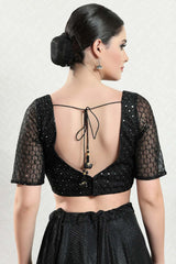 Black Silk Embroidered Short Sleeves Blouse