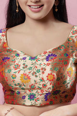 Multicolor Brocade Woven Design Short Sleeves Blouse