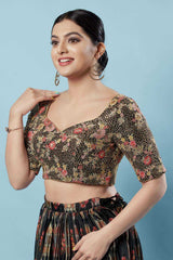 Black Silk Embroidered Short Sleeves Blouse